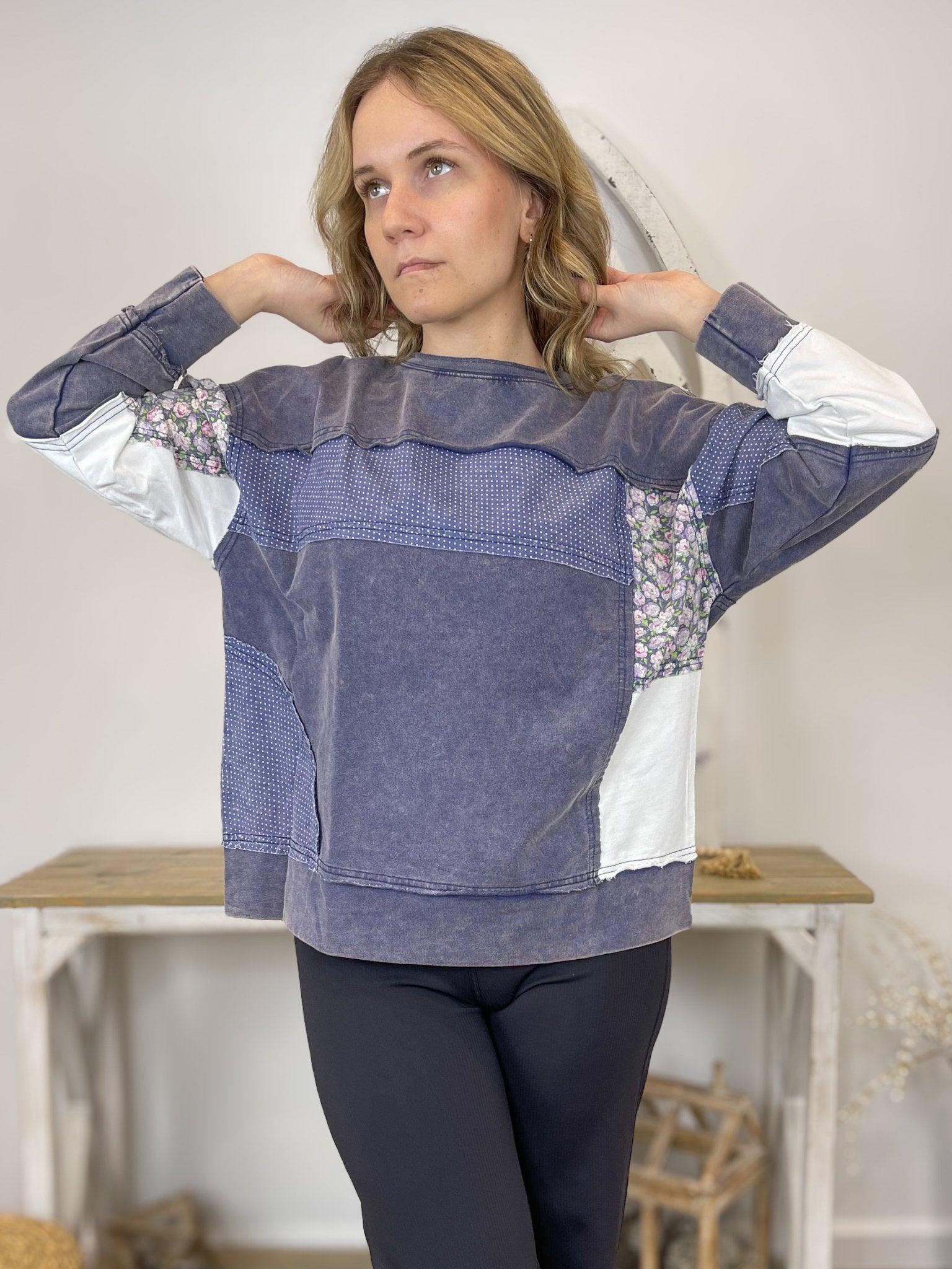 Indigo Patchwork Crewneck Sweatshirt - Lavender Hills BeautyWhite BirchT10586XL - S