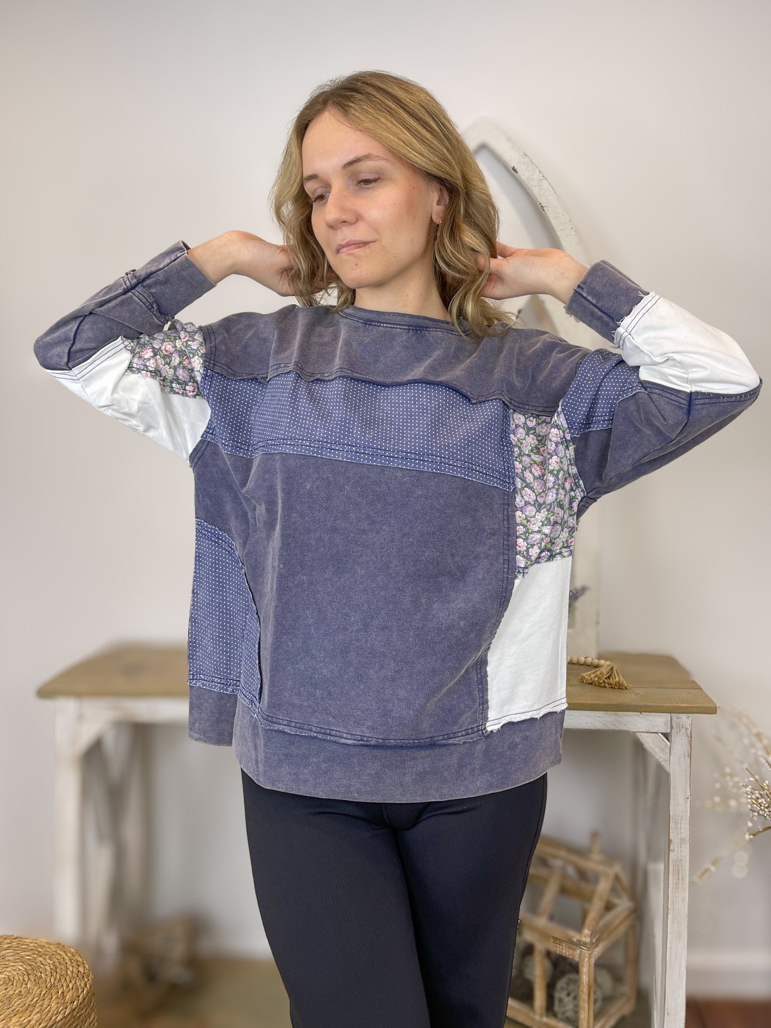 Indigo Patchwork Crewneck Sweatshirt - Lavender Hills BeautyWhite BirchT10586XL - S