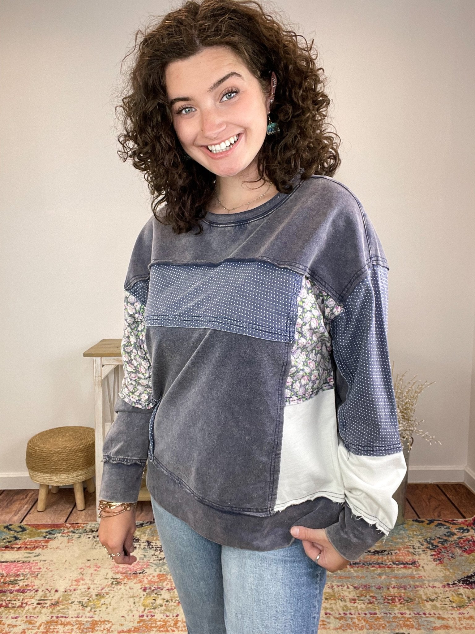 Indigo Patchwork Crewneck Sweatshirt - Lavender Hills BeautyWhite BirchT10586XL - S