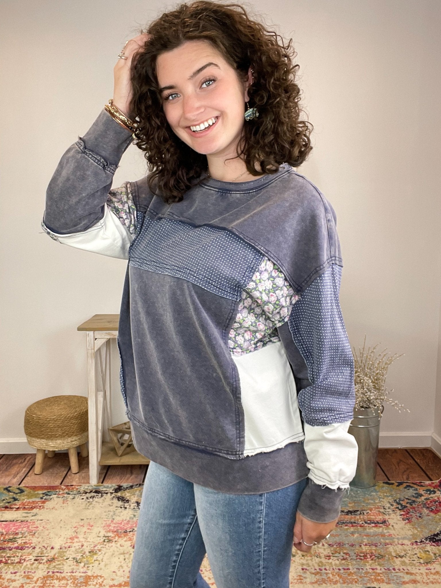 Indigo Patchwork Crewneck Sweatshirt - Lavender Hills BeautyWhite BirchT10586XL - S