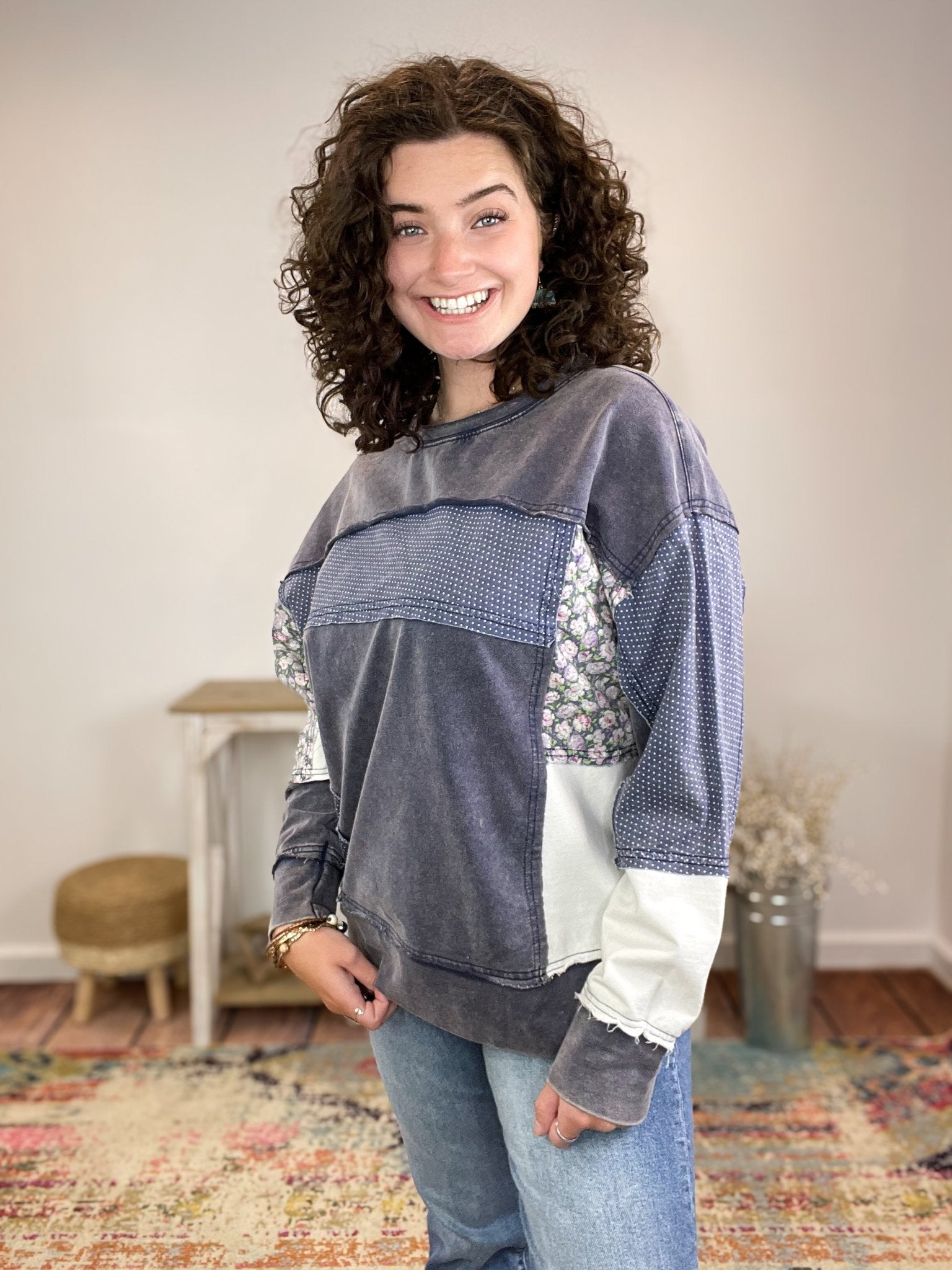 Indigo Patchwork Crewneck Sweatshirt - Lavender Hills BeautyWhite BirchT10586XL - S