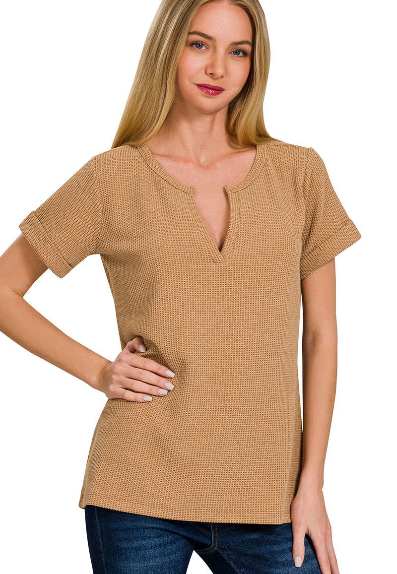 Notch Neck Short Sleeve Waffle Knit Top - Lavender Hills BeautyZenanaJT - 7527Y - OWHT - S