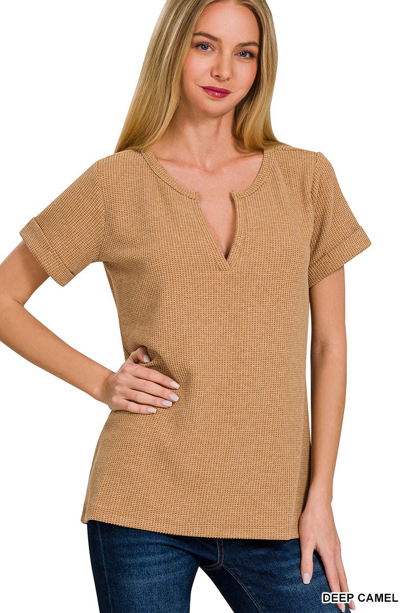 Notch Neck Short Sleeve Waffle Knit Top - Lavender Hills BeautyZenanaJT - 7527Y - DCAM - S