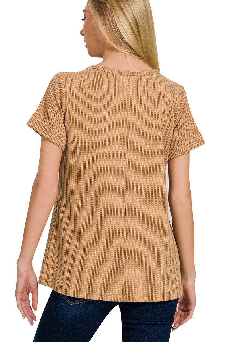 Notch Neck Short Sleeve Waffle Knit Top - Lavender Hills BeautyZenanaJT - 7527Y - OWHT - S