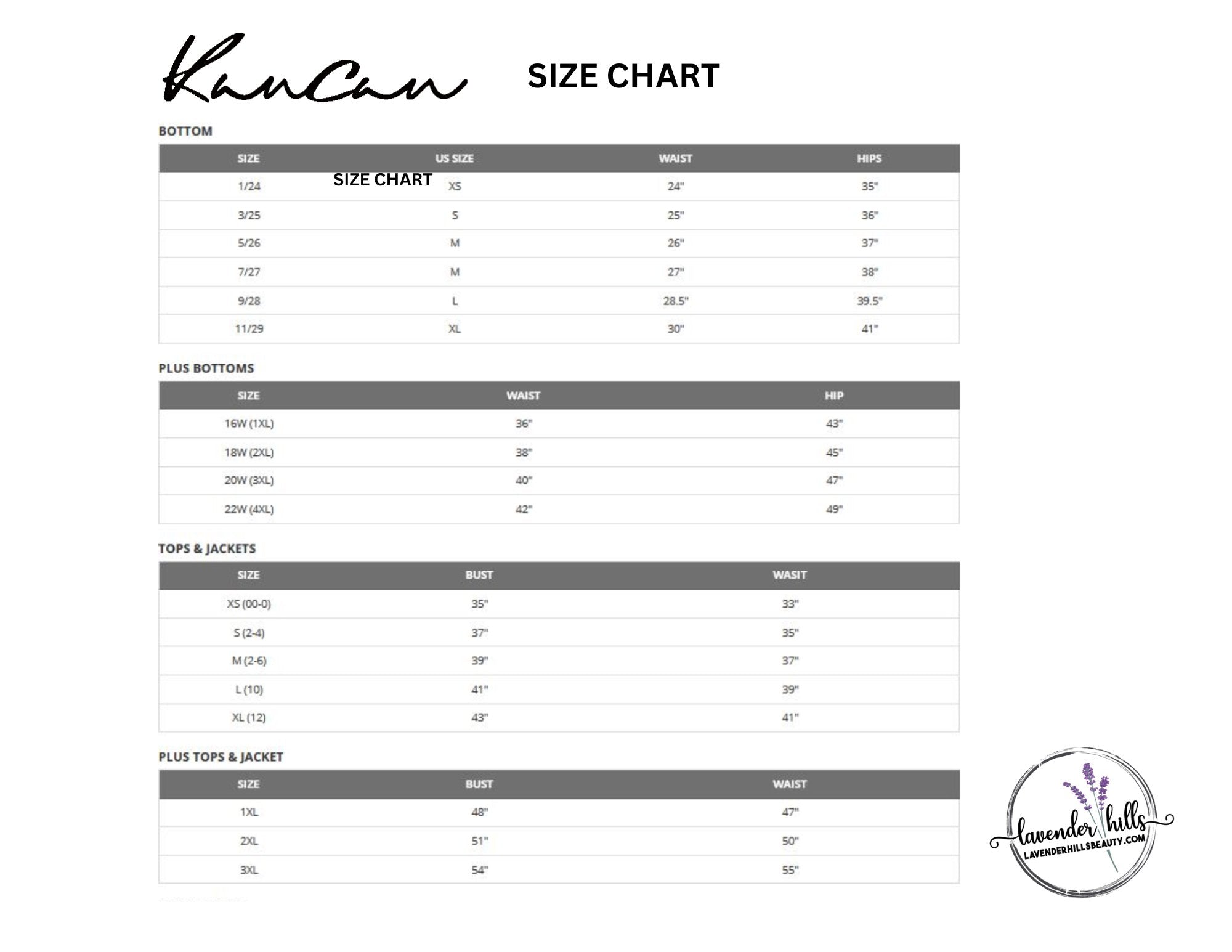 Kancan jean fashion size chart