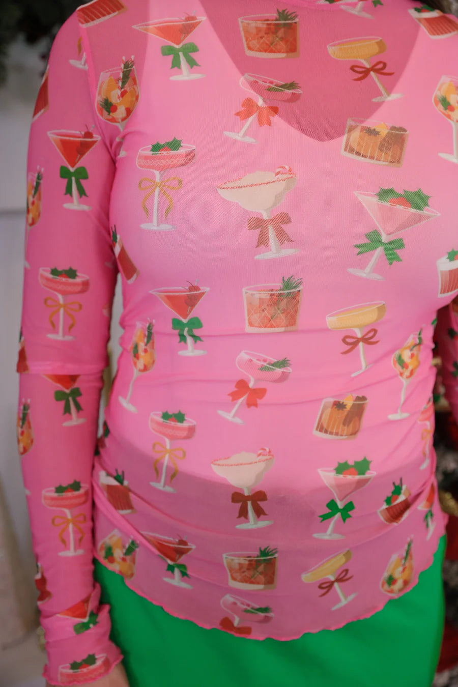 Keigan Mesh Long Sleeve Top Shirt- Holiday Drinks