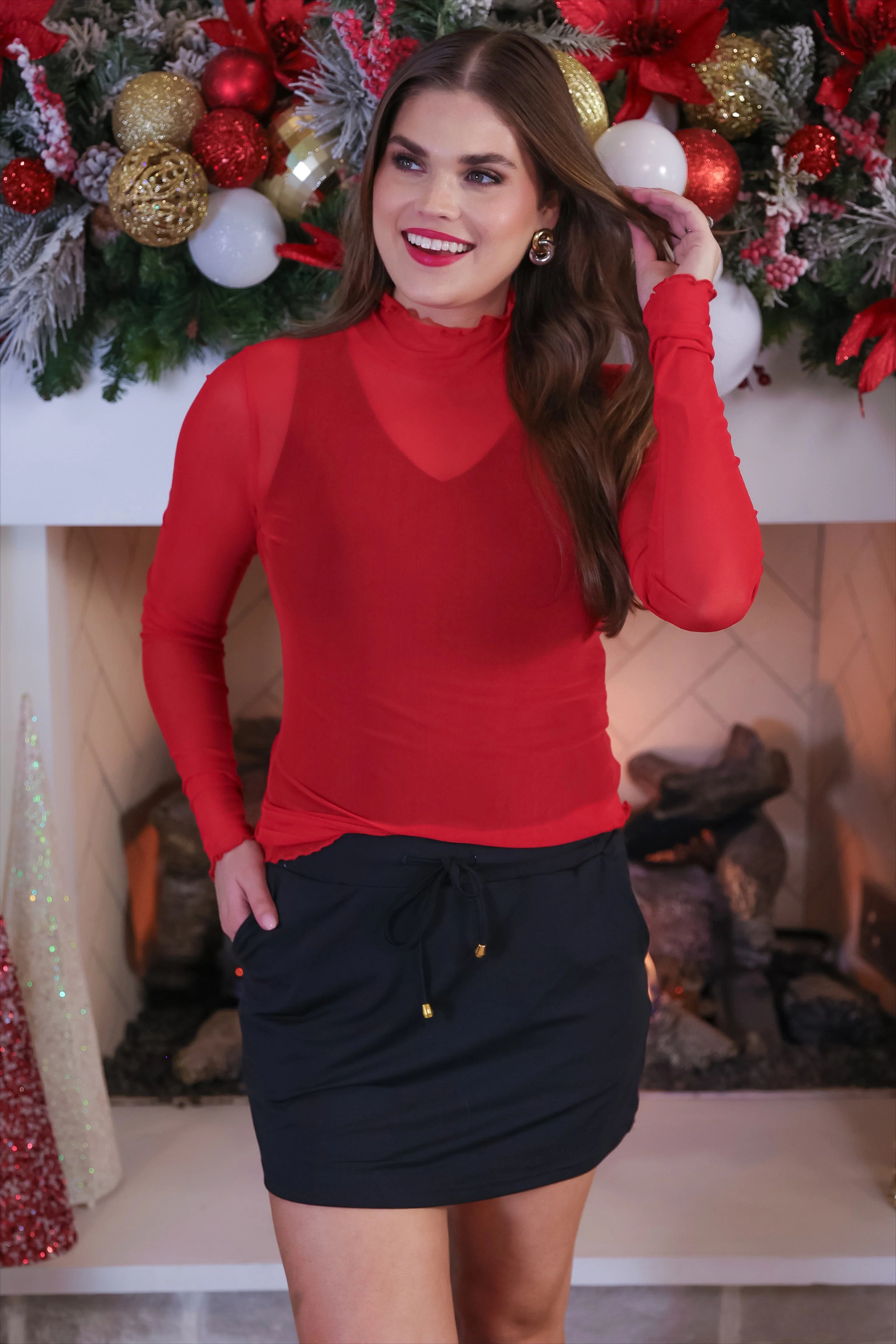 Keigan Mesh Long Sleeve Top Shirt - Red