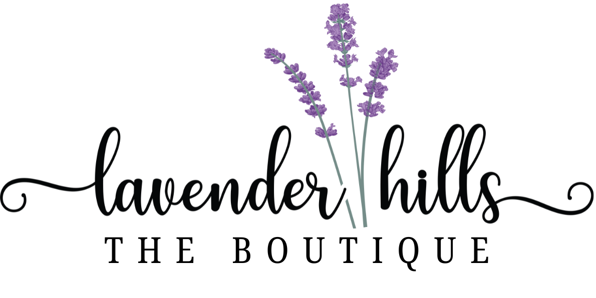Logo of 'Lavender Hills The Boutique' with lavender flowers on a white background