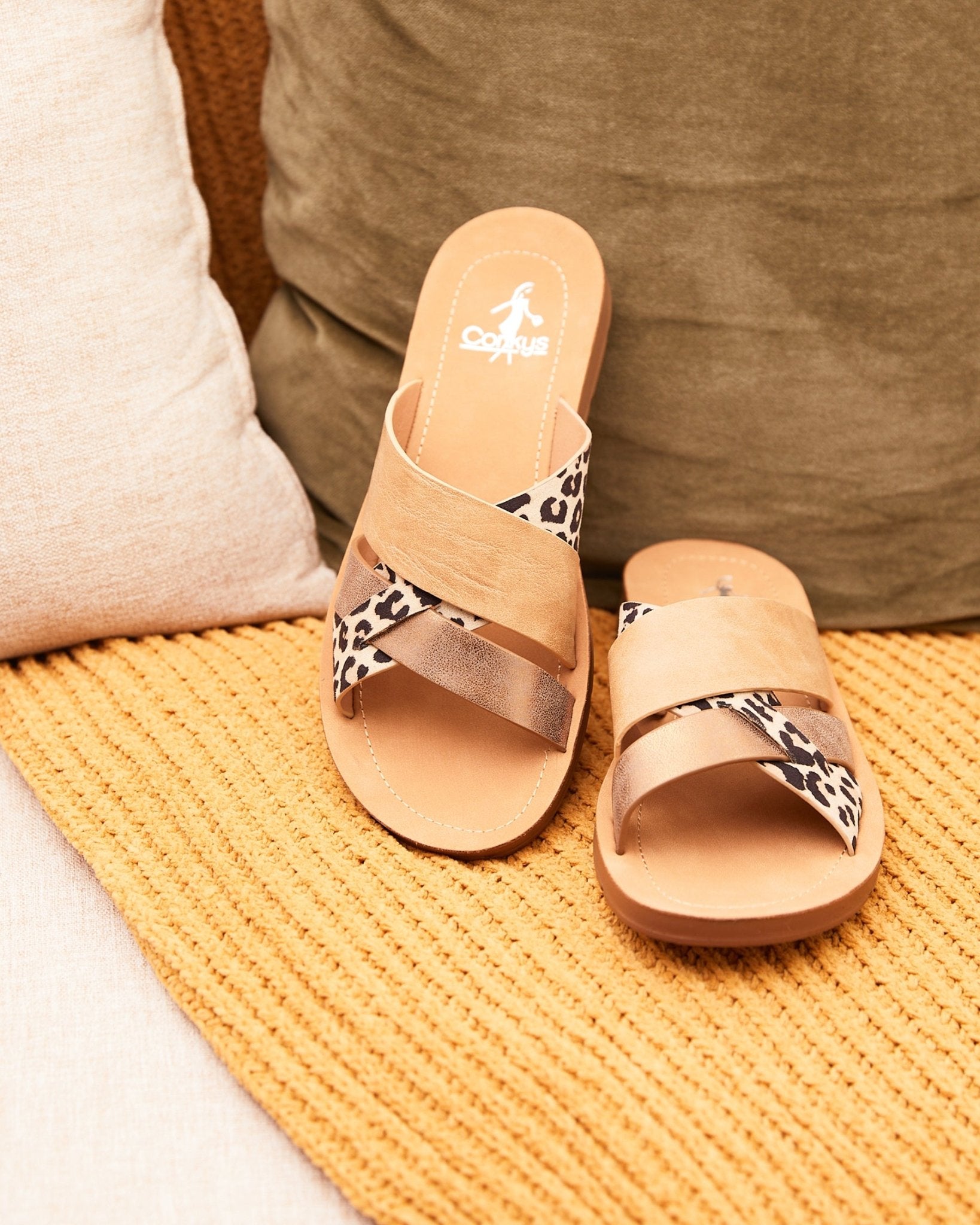 Charm Slide Sandal - Cognac & Leopard - Lavender Hills BeautyCorkys Footwear41-0222-COGN-U-6