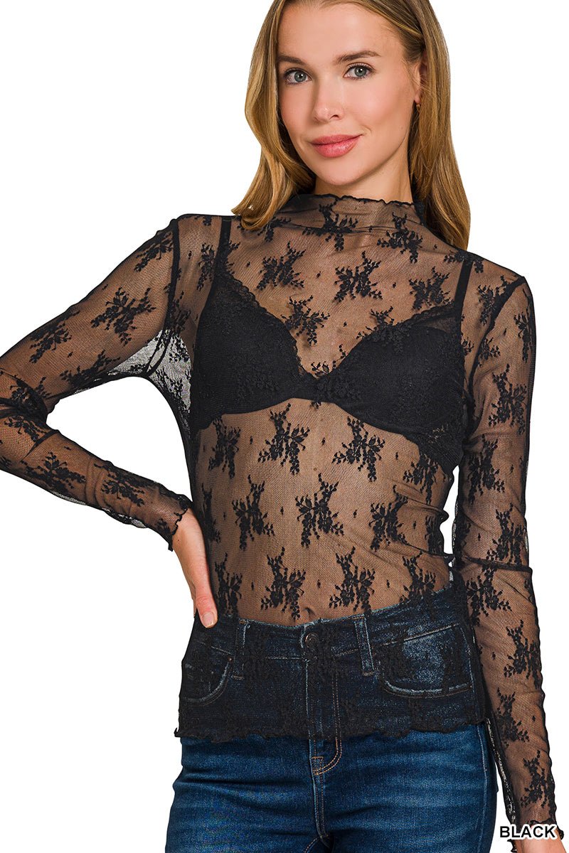 Lace Sheer Mesh Layering Long Sleeve Top Shirt - Lavender Hills BeautyZenanaLT-6343Y-BLK-S