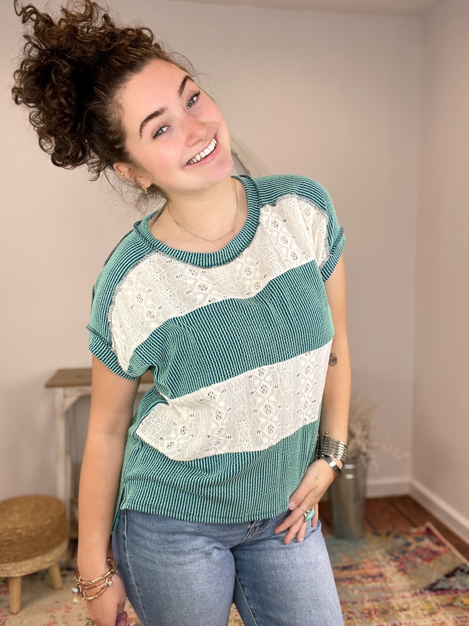 Lines & Lace Short Sleeve Top - Lavender Hills Beauty7th Ray