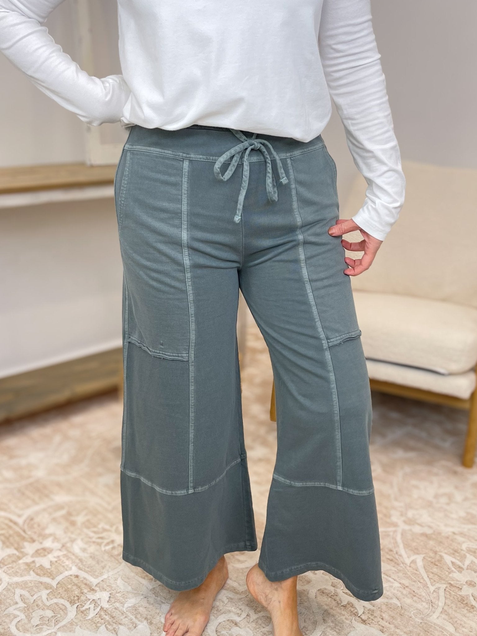 Low - Key Cropped Wide Leg Exposed Seam Wide Leg Lounge Pants - Lavender Hills BeautyZenanaTPW-5355Y-BLK-S