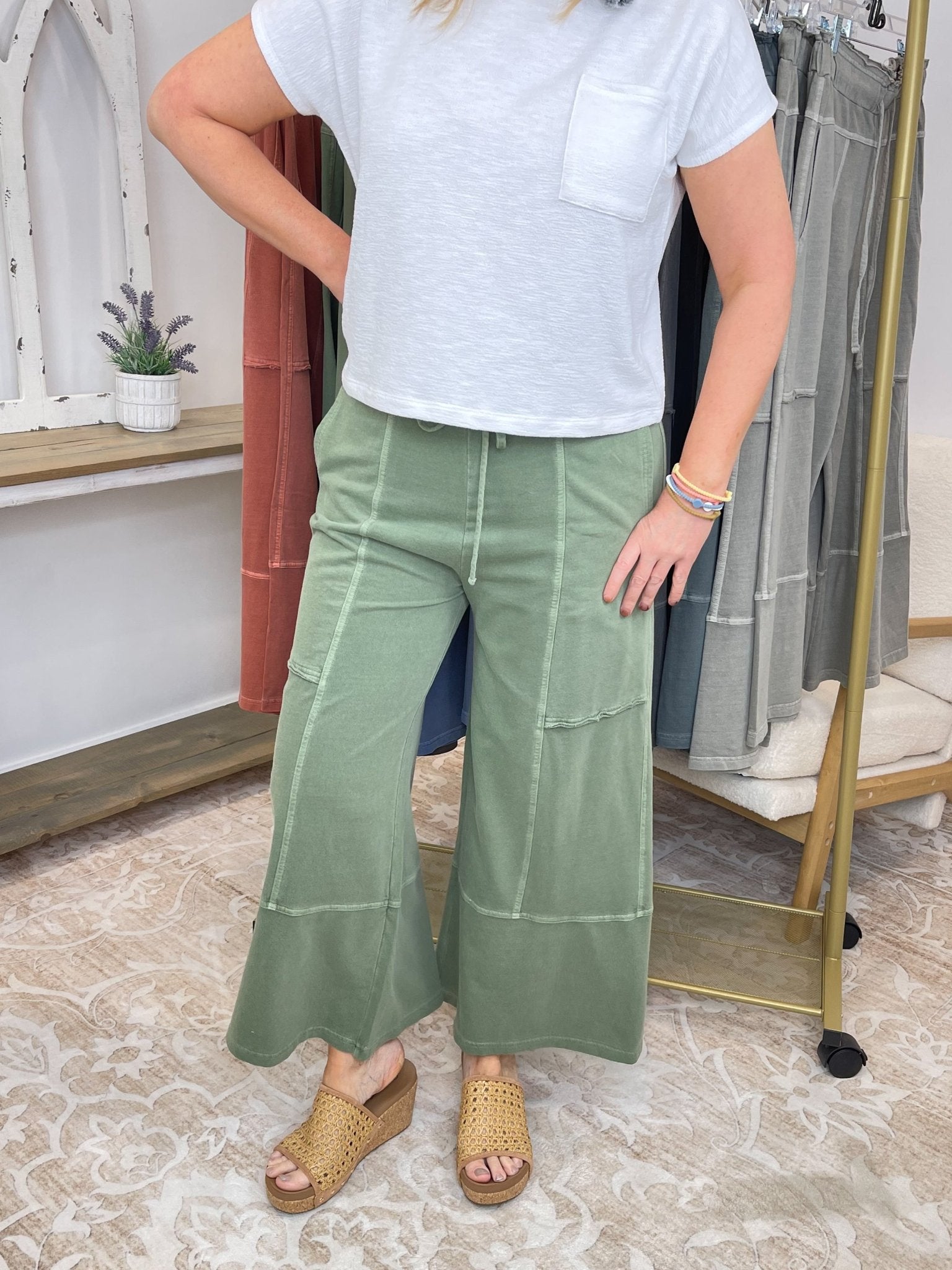 Low - Key Cropped Wide Leg Exposed Seam Wide Leg Lounge Pants - Lavender Hills BeautyZenanaTPW-5355Y-ASHMCH-S