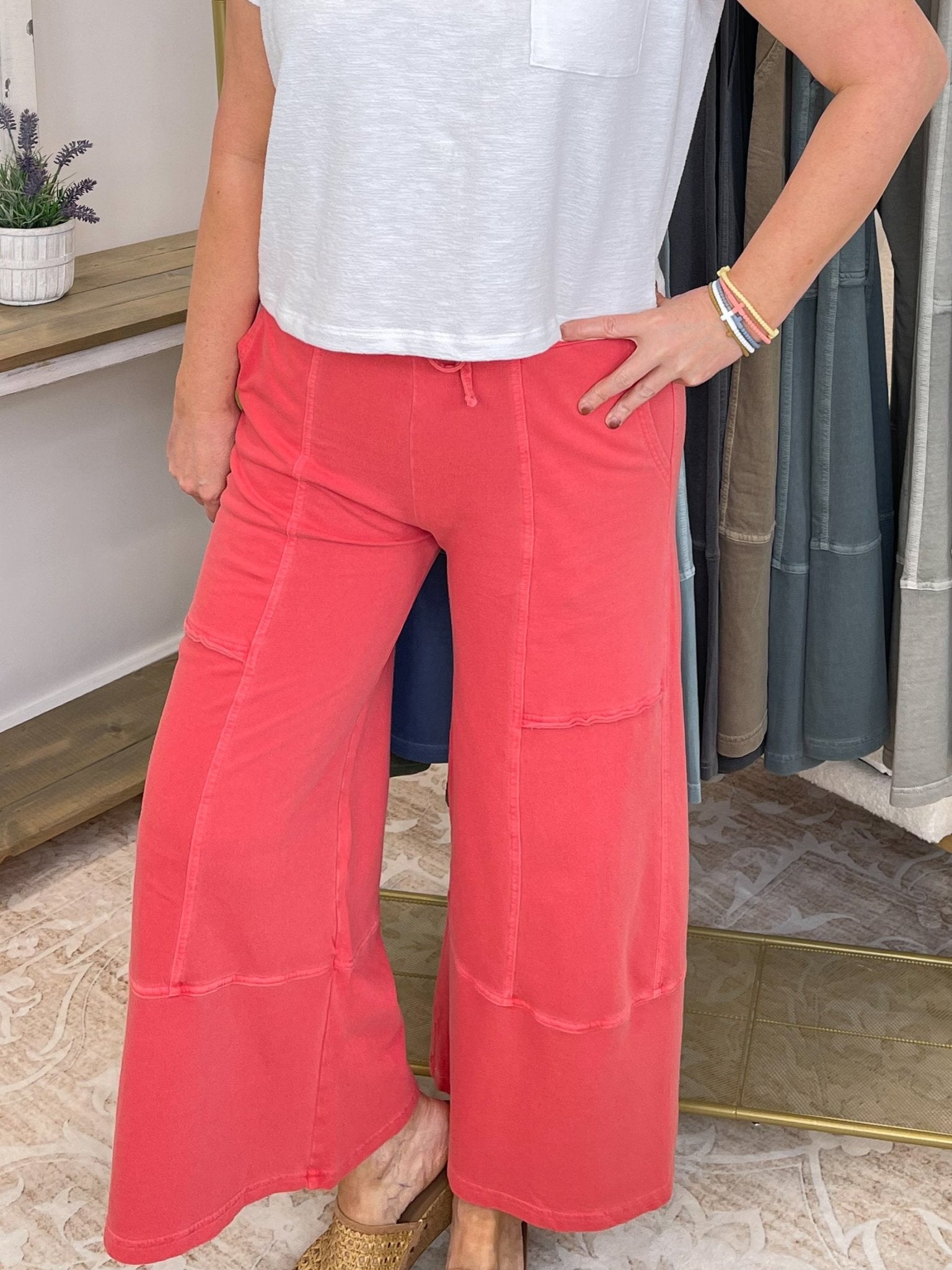 Low - Key Cropped Wide Leg Exposed Seam Wide Leg Lounge Pants - Lavender Hills BeautyZenana