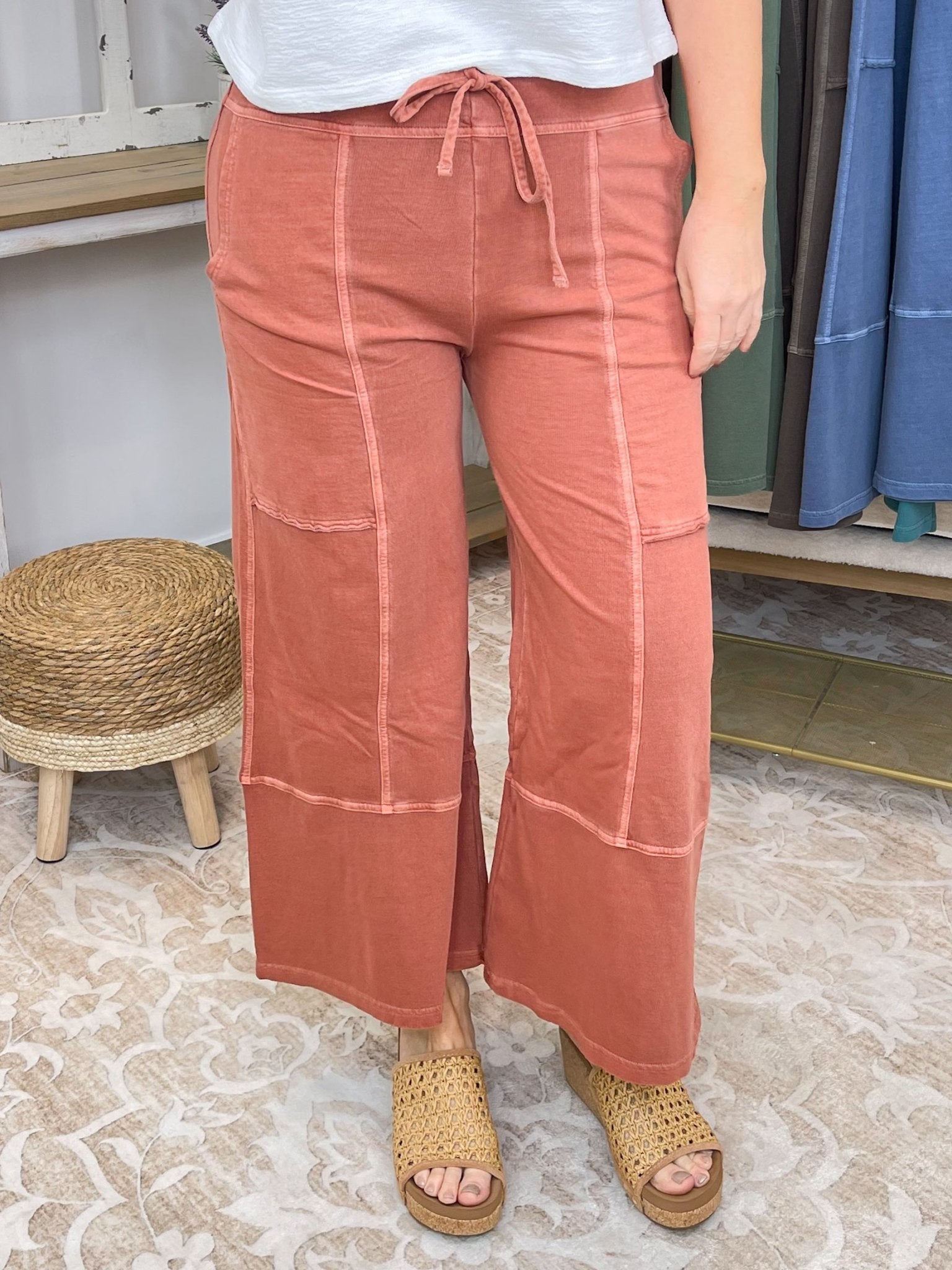 Low - Key Cropped Wide Leg Exposed Seam Wide Leg Lounge Pants - Lavender Hills BeautyZenana