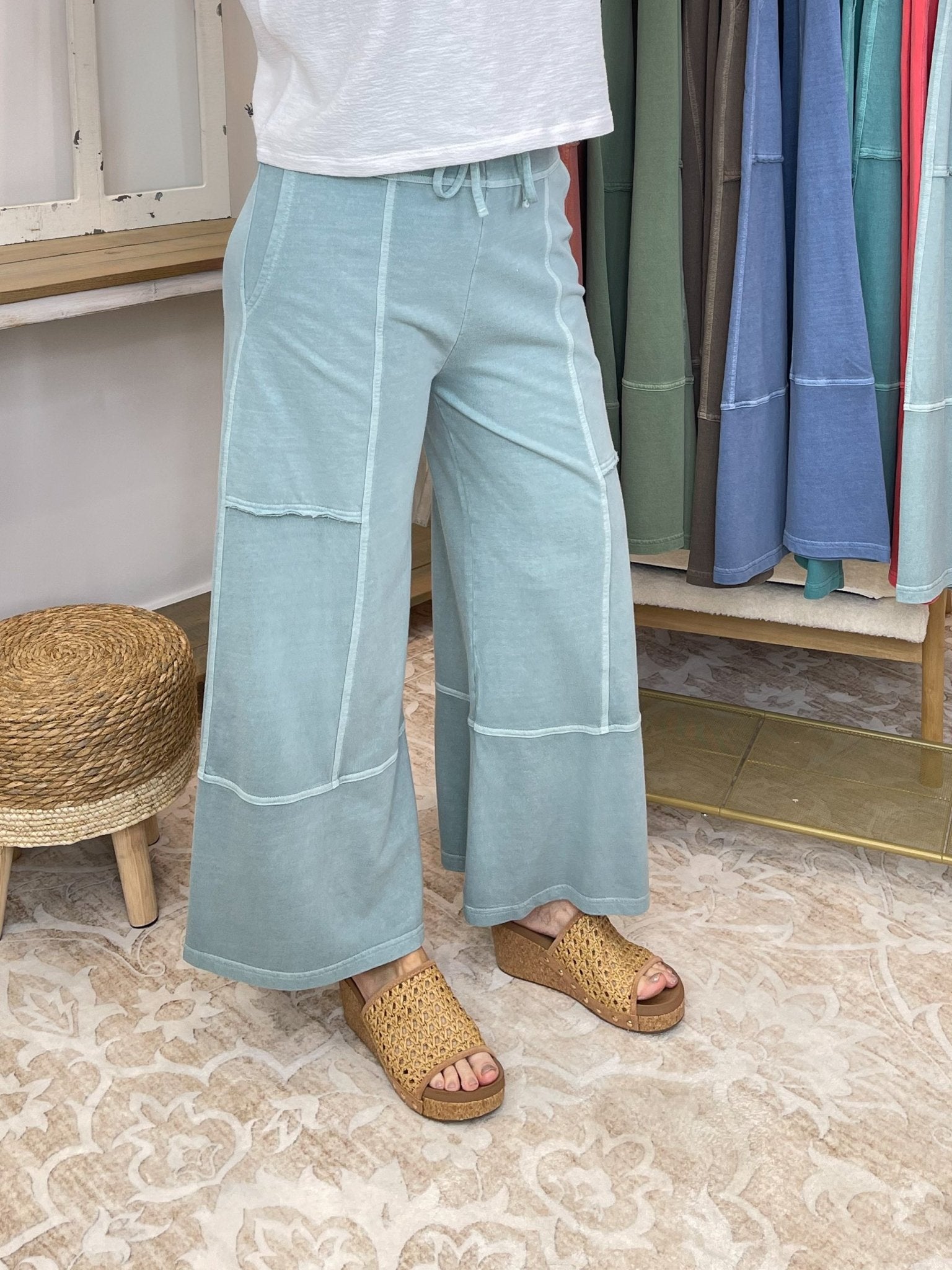 Low - Key Cropped Wide Leg Exposed Seam Wide Leg Lounge Pants - Lavender Hills BeautyZenanaTPW-5355Y-ASHMCH-S
