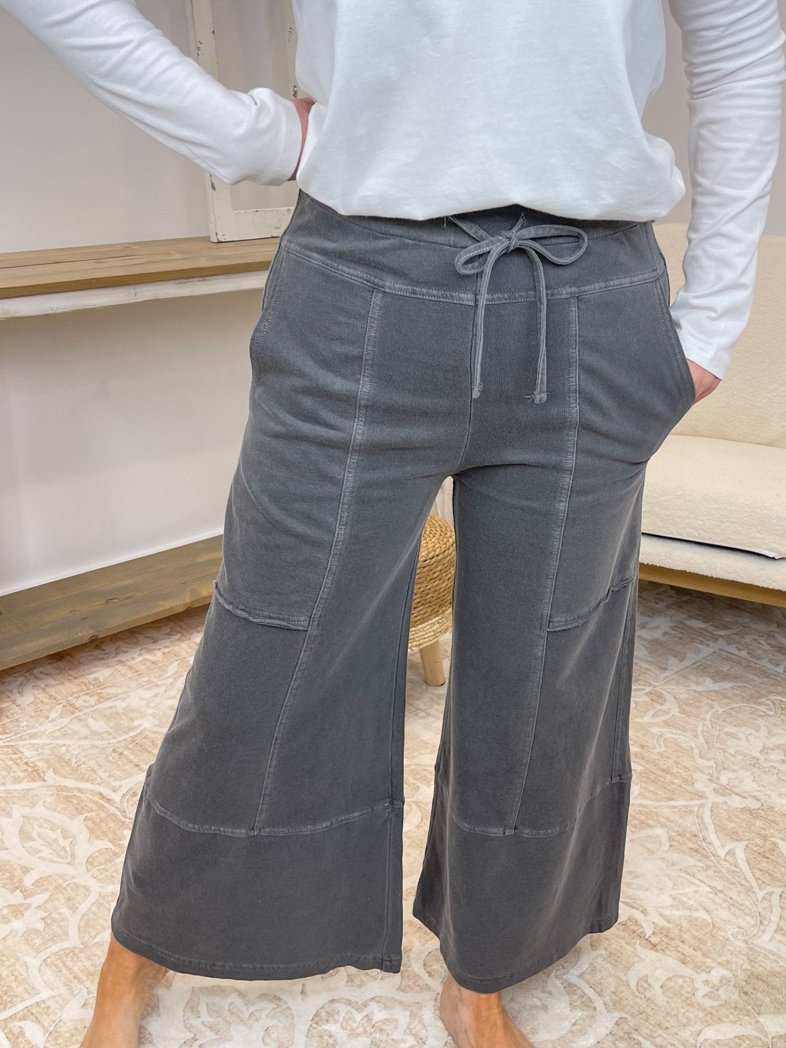 Low - Key Cropped Wide Leg Exposed Seam Wide Leg Lounge Pants - Lavender Hills BeautyZenanaTPW-5355Y-BLK-S