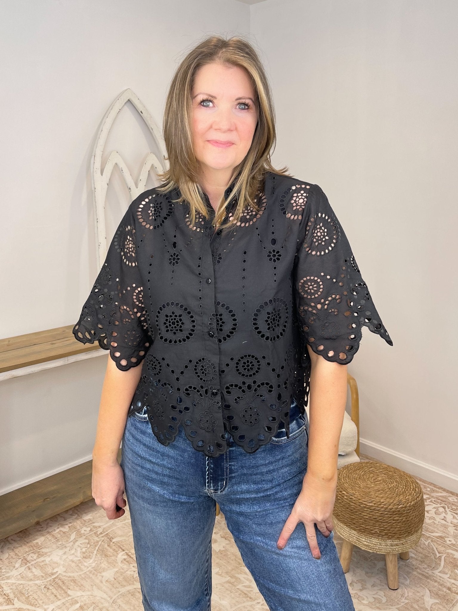 Midnight Bloom Eyelet Lace Button - Down Blouse - Lavender Hills BeautyKori AmericaKCT1840A-S