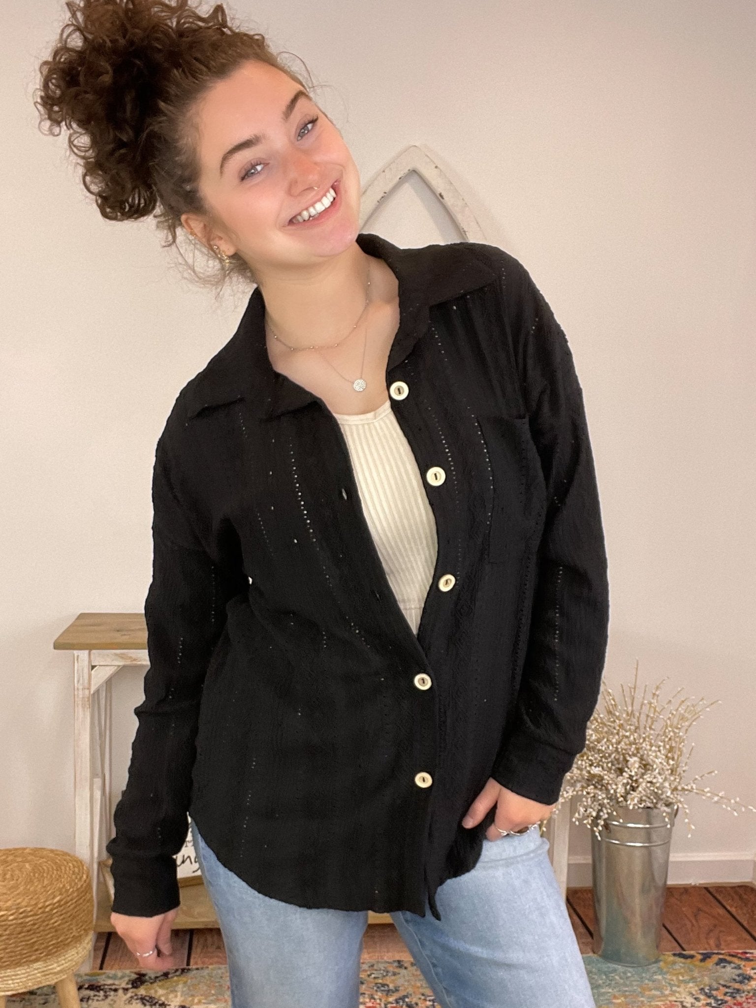 Midnight Breeze Lace Long Sleeve Top Shacket