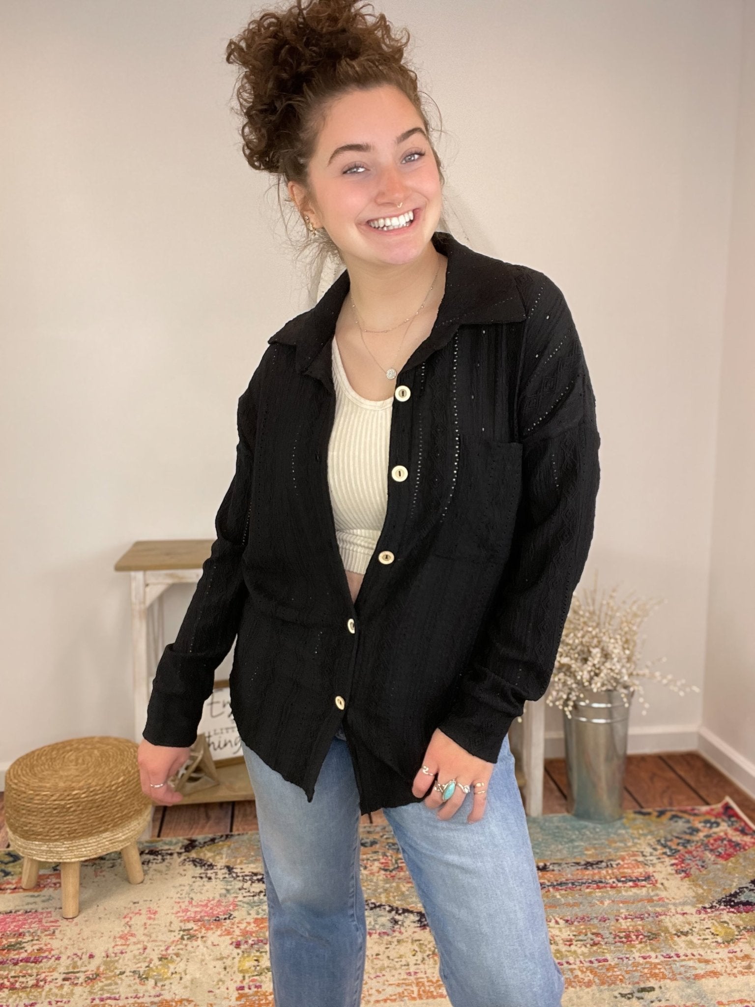 Midnight Breeze Lace Long Sleeve Top Shacket