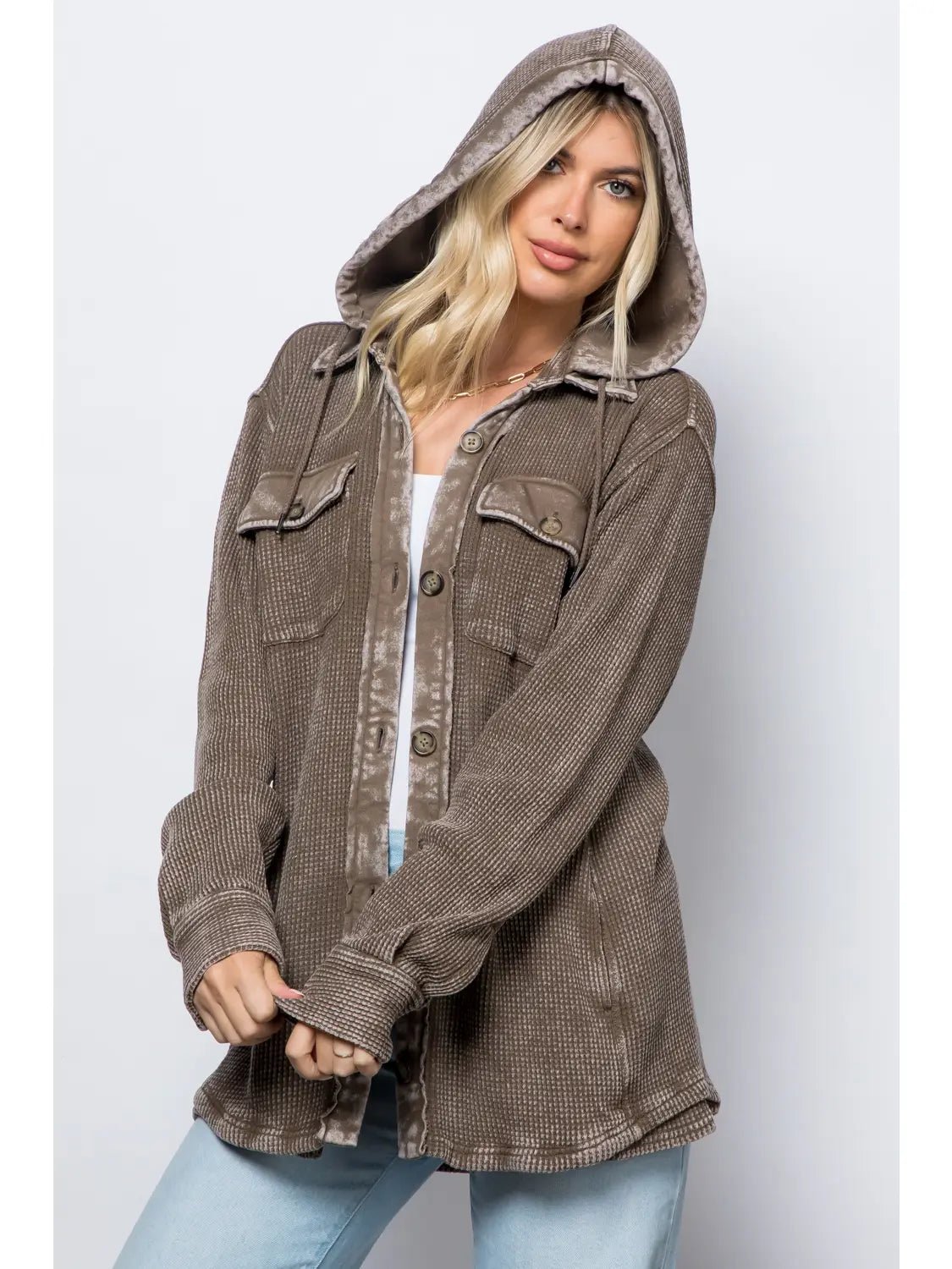 Cocoa Cozy Waffle Hooded Shacket - Lavender Hills Beauty26 InternationalSP34095 - S
