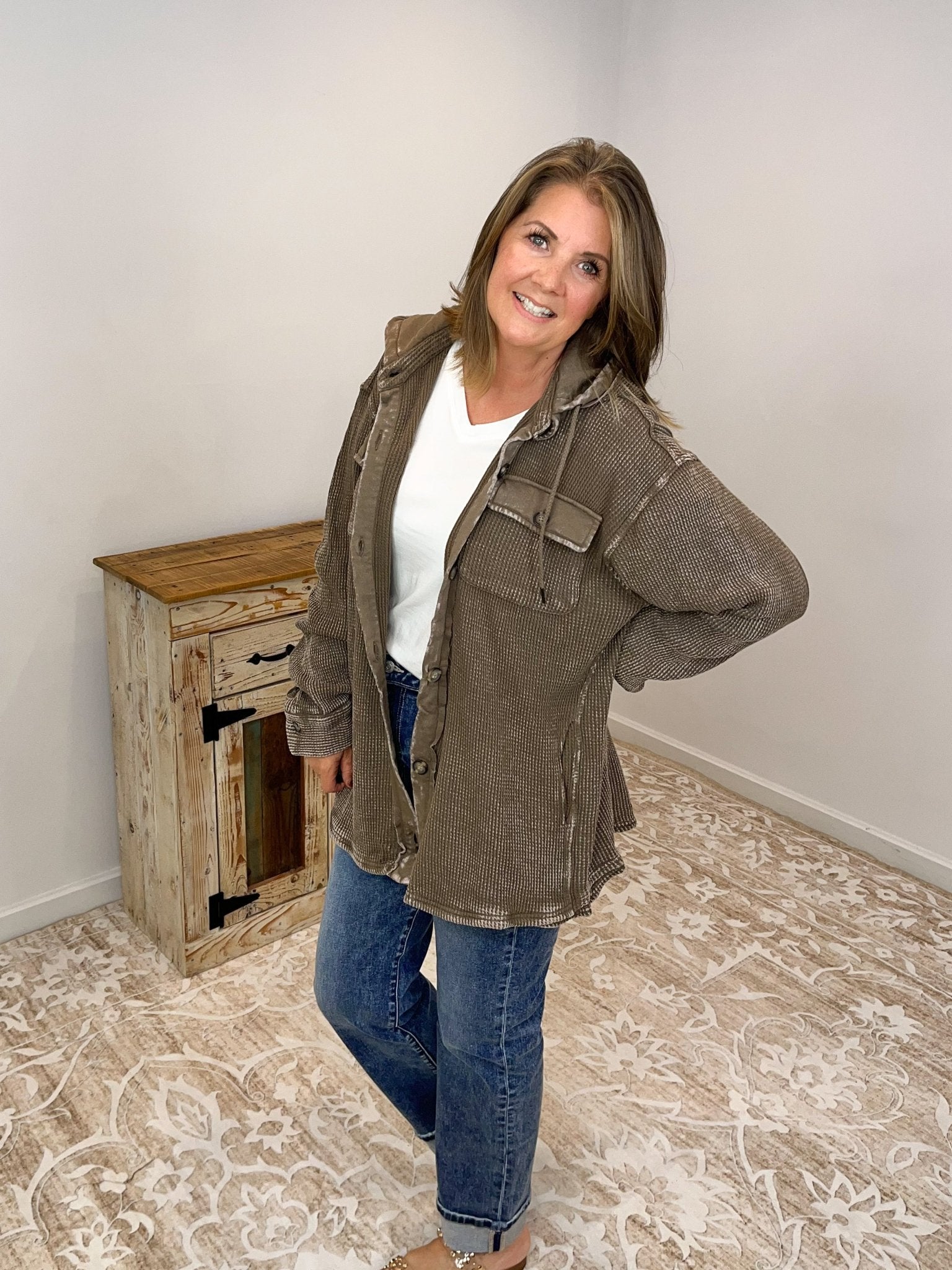 Cocoa Cozy Waffle Hooded Shacket - Lavender Hills Beauty26 InternationalSP34095 - S