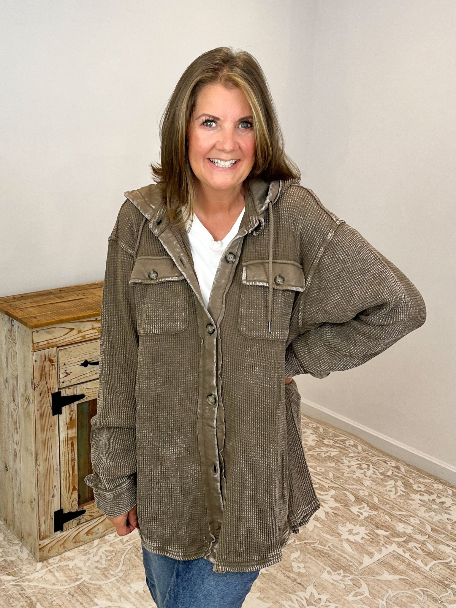 Cocoa Cozy Waffle Hooded Shacket - Lavender Hills Beauty26 InternationalSP34095 - S