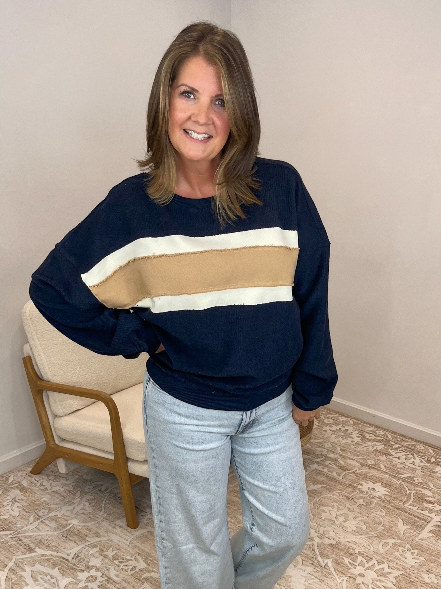 Navy High Tide Long Sleeve Pullover Sweatshirt Top - Lavender Hills BeautyAMEI & CO846AD - NVY - S