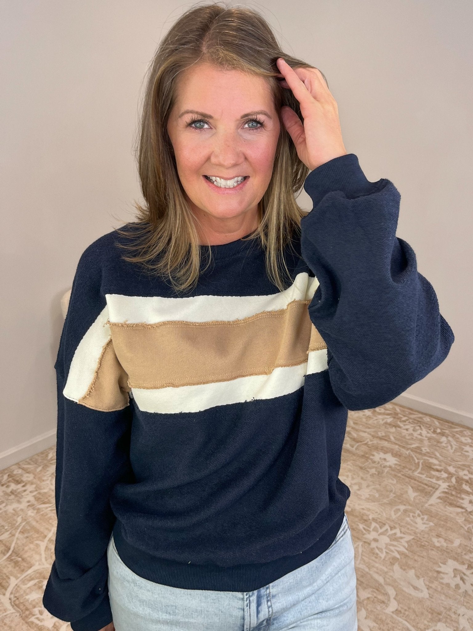Navy High Tide Long Sleeve Pullover Sweatshirt Top - Lavender Hills BeautyAMEI & CO846AD - NVY - S