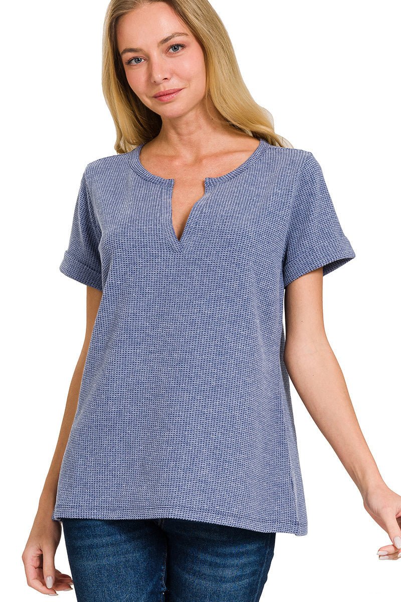 Notch Neck Short Sleeve Waffle Knit Top