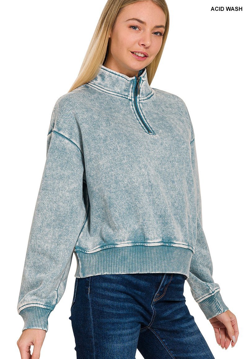 Cropped Acid Wash Half Zip Sweatshirt - Blue Grey - Lavender Hills BeautyZenanaOTW - 4304 - BLUGRY - S