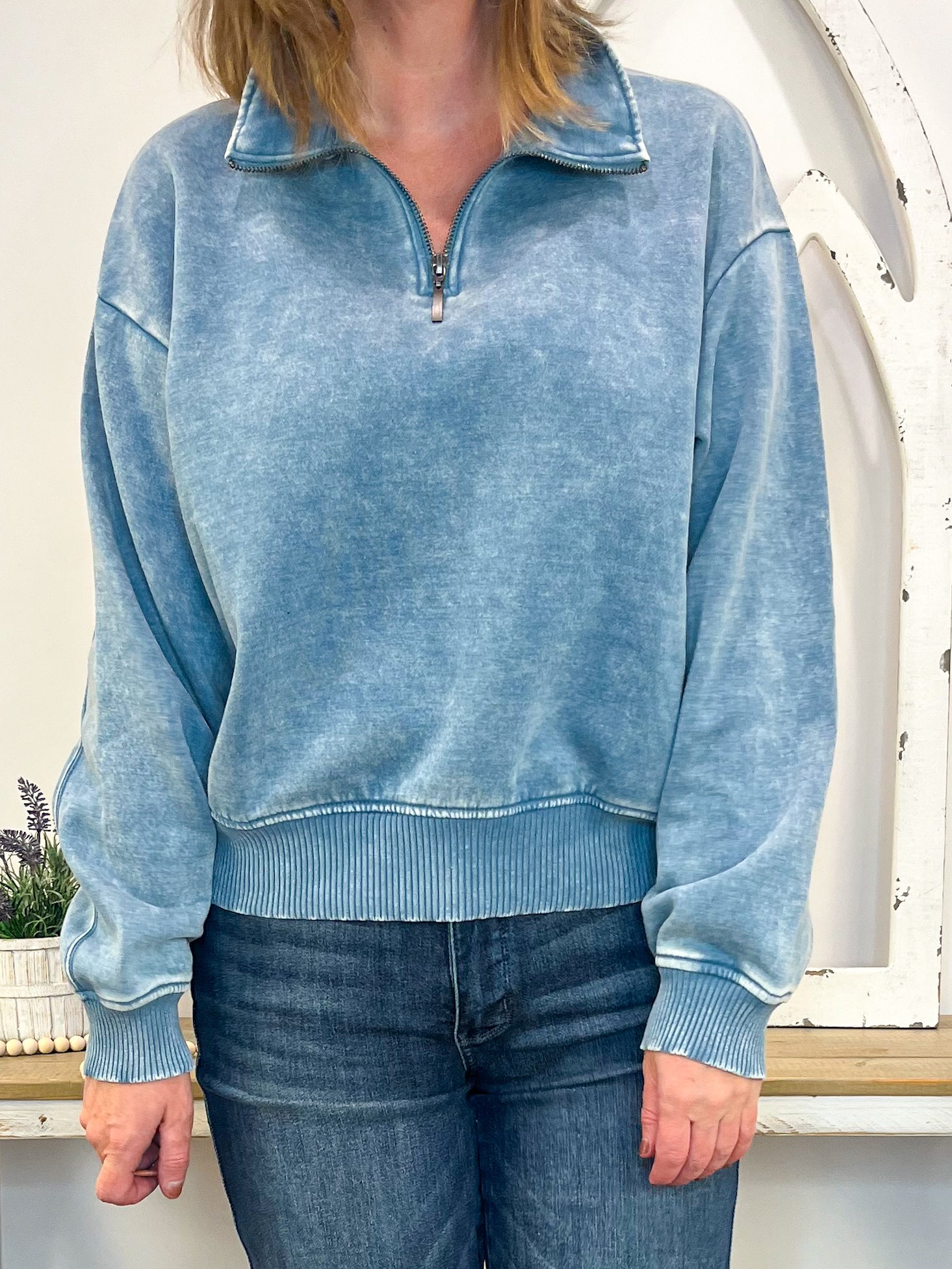 Cropped Acid Wash Half Zip Sweatshirt - Blue Grey - Lavender Hills BeautyZenanaOTW - 4304 - BLUGRY - S