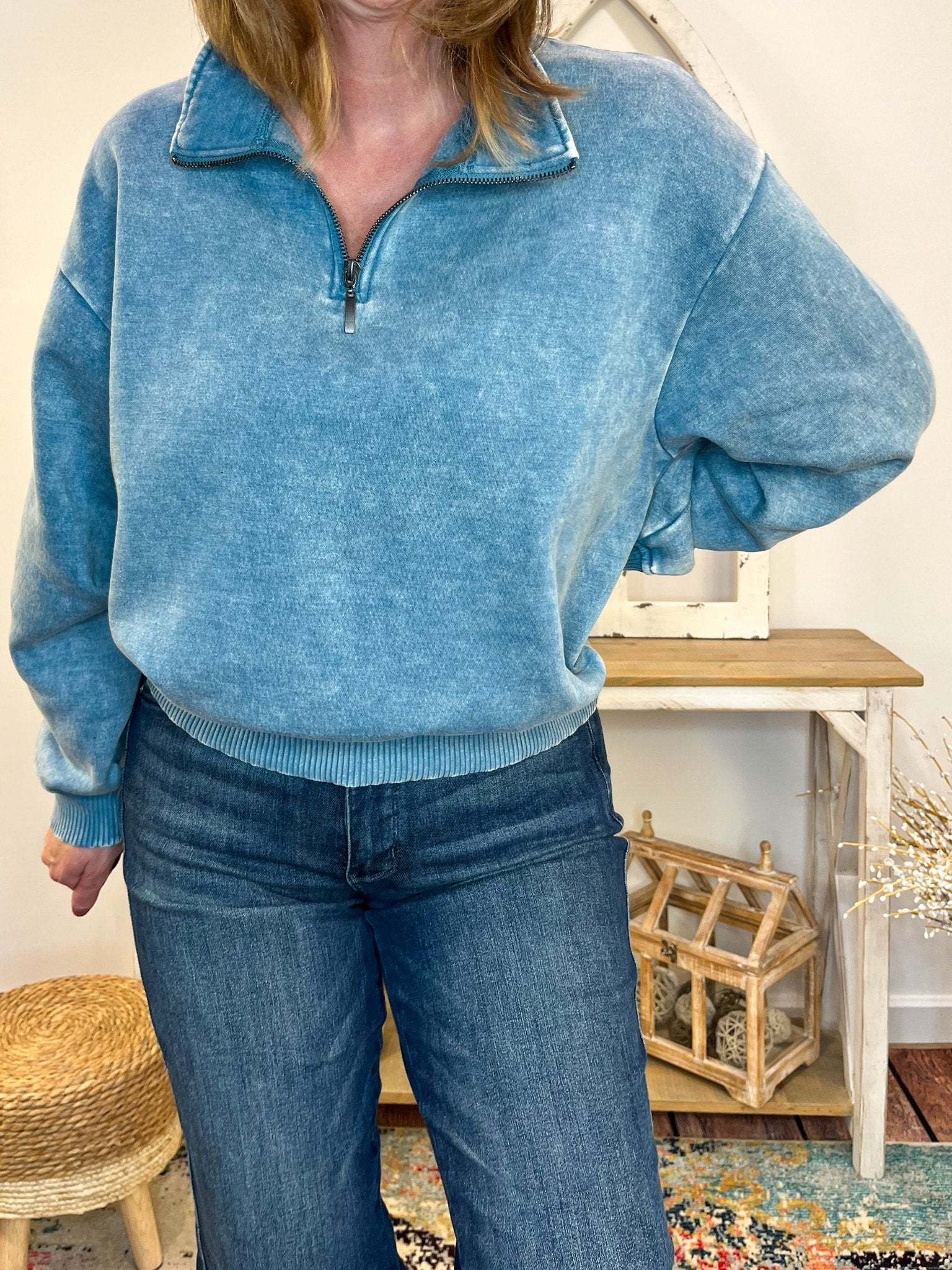 Cropped Acid Wash Half Zip Sweatshirt - Blue Grey - Lavender Hills BeautyZenanaOTW - 4304 - BLUGRY - S