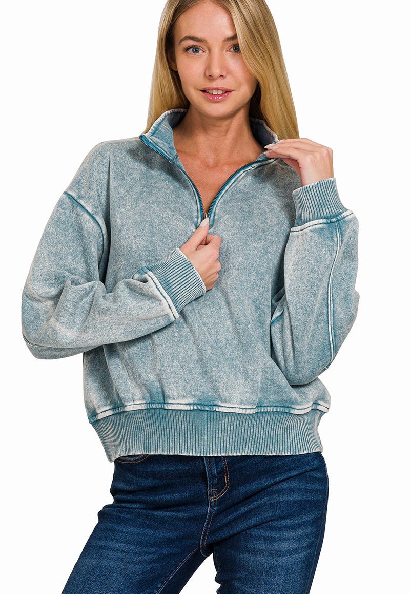 Cropped Acid Wash Half Zip Sweatshirt - Blue Grey - Lavender Hills BeautyZenanaOTW - 4304 - BLUGRY - S