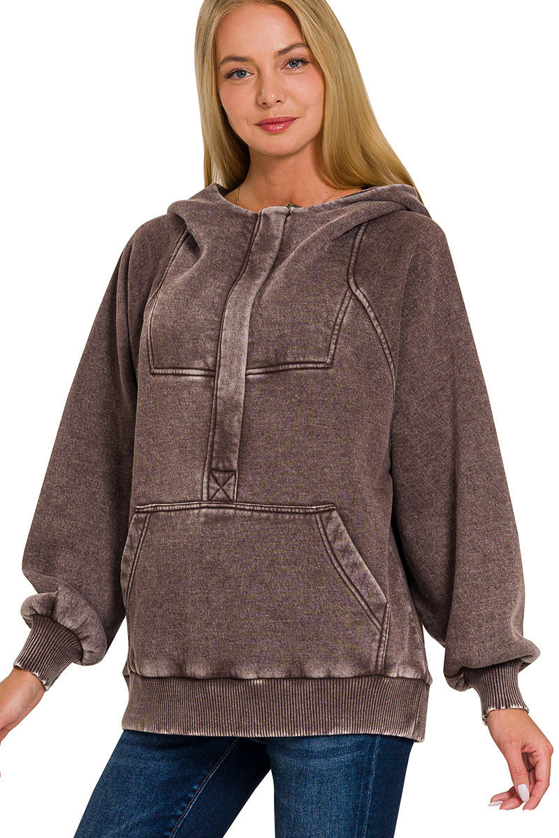 Acid Wash Quarter Zip Fleece Hoodie Pullover Sweatshirt -Brown