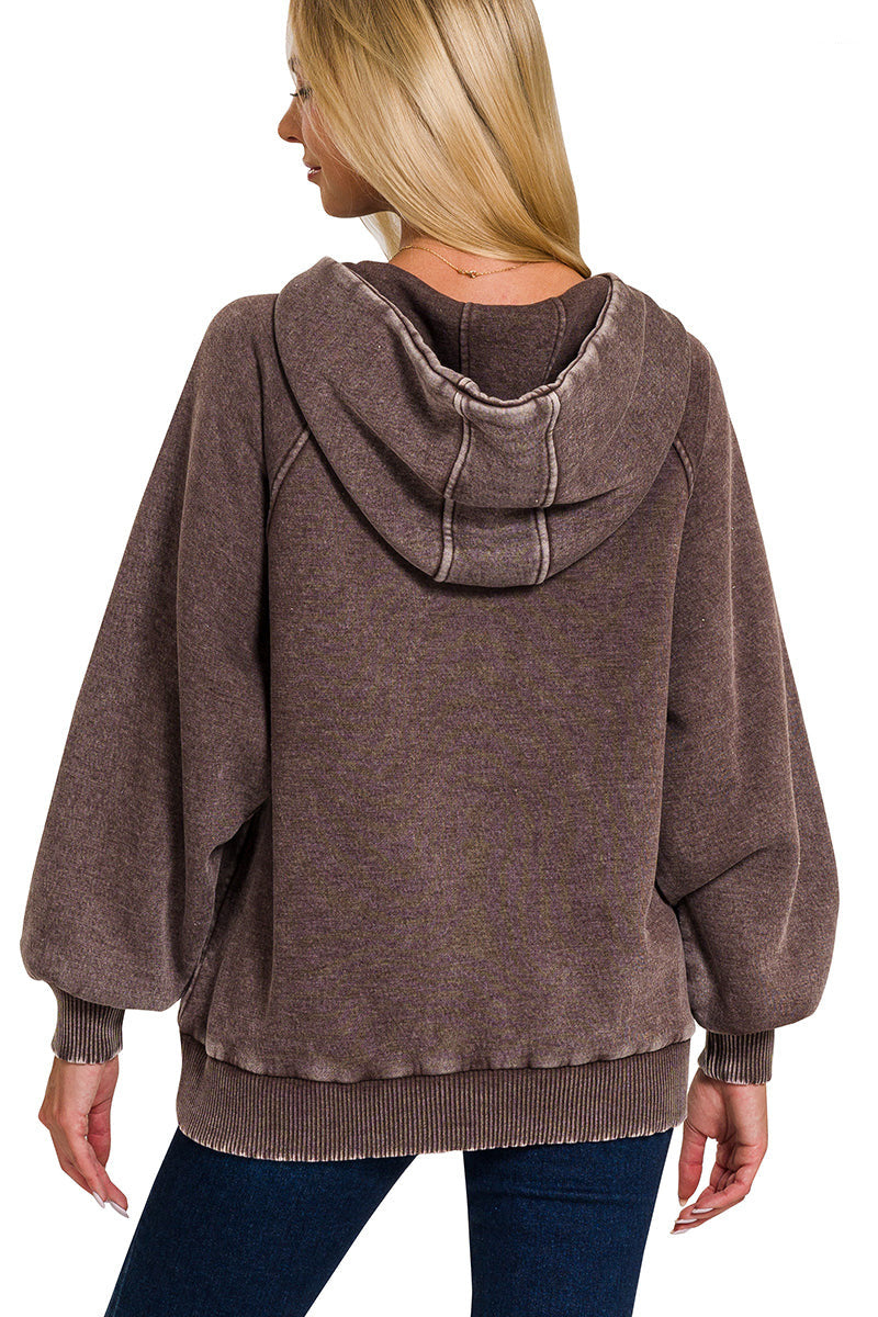 Acid Wash Quarter Zip Fleece Hoodie Pullover Sweatshirt -Brown