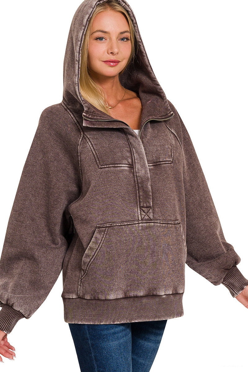 Acid Wash Quarter Zip Fleece Hoodie Pullover Sweatshirt -Brown