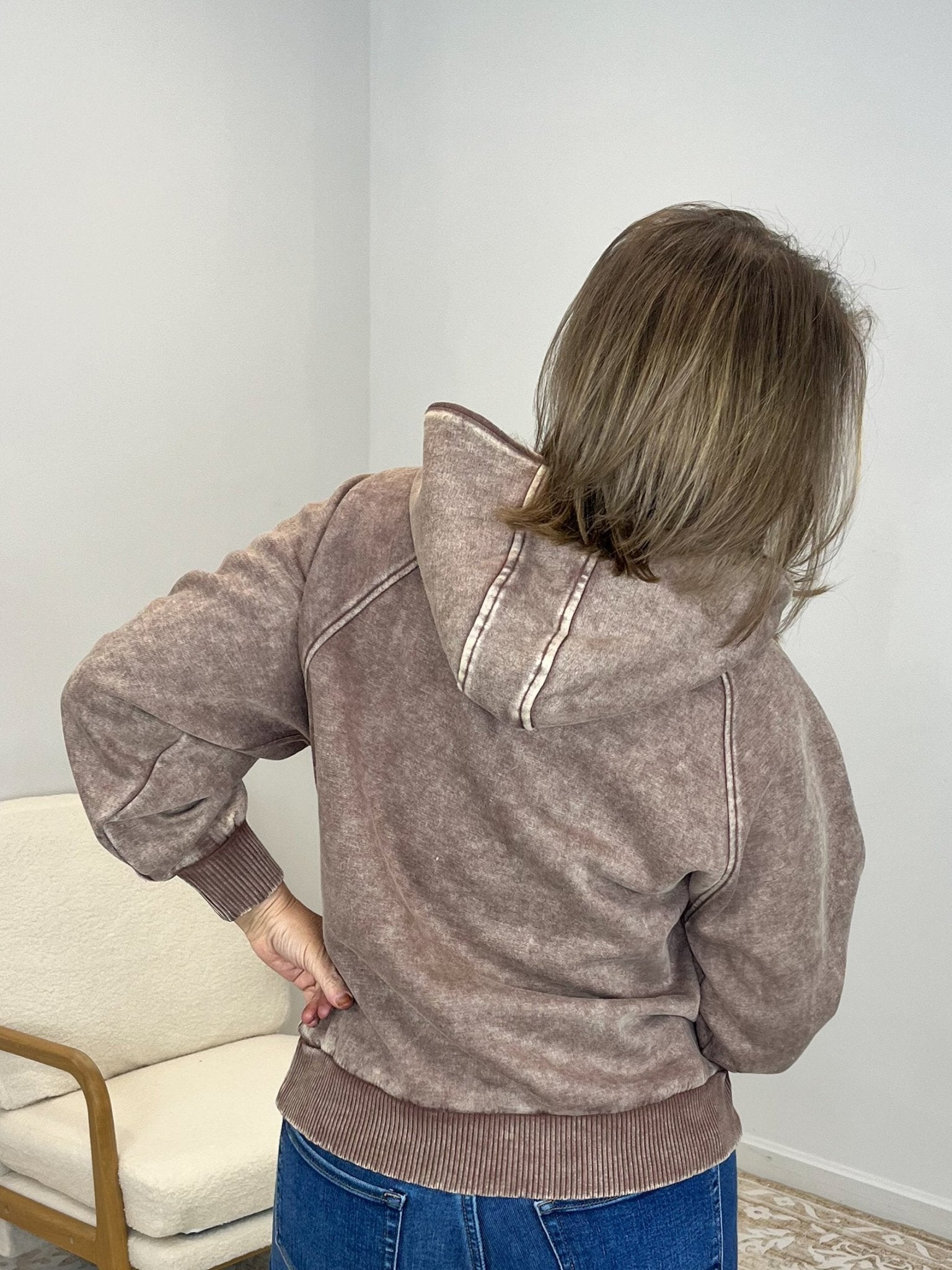Acid Wash Quarter Zip Fleece Hoodie Pullover Sweatshirt - Brown - Lavender Hills BeautyZenanaOTW - 4557Y - BRN - S