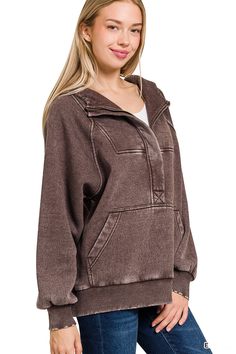 Acid Wash Quarter Zip Fleece Hoodie Pullover Sweatshirt -Brown