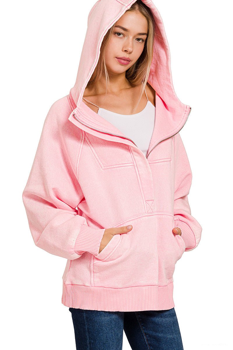 Acid Wash Quarter Zip Fleece Hoodie Pullover Sweatshirt - Pink - Lavender Hills BeautyZenanaOTW - 4557Y - DKPNK - S