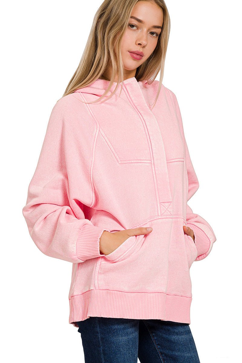 Acid Wash Quarter Zip Fleece Hoodie Pullover Sweatshirt - Pink - Lavender Hills BeautyZenanaOTW - 4557Y - DKPNK - S
