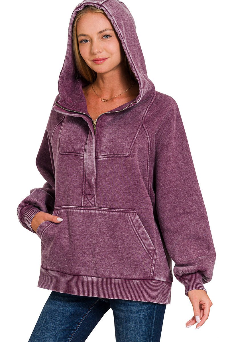 Acid Wash Quarter Zip Fleece Hoodie Pullover Sweatshirt - Eggplant - Lavender Hills BeautyZenanaOTW - 4557Y - EGGPNT - S