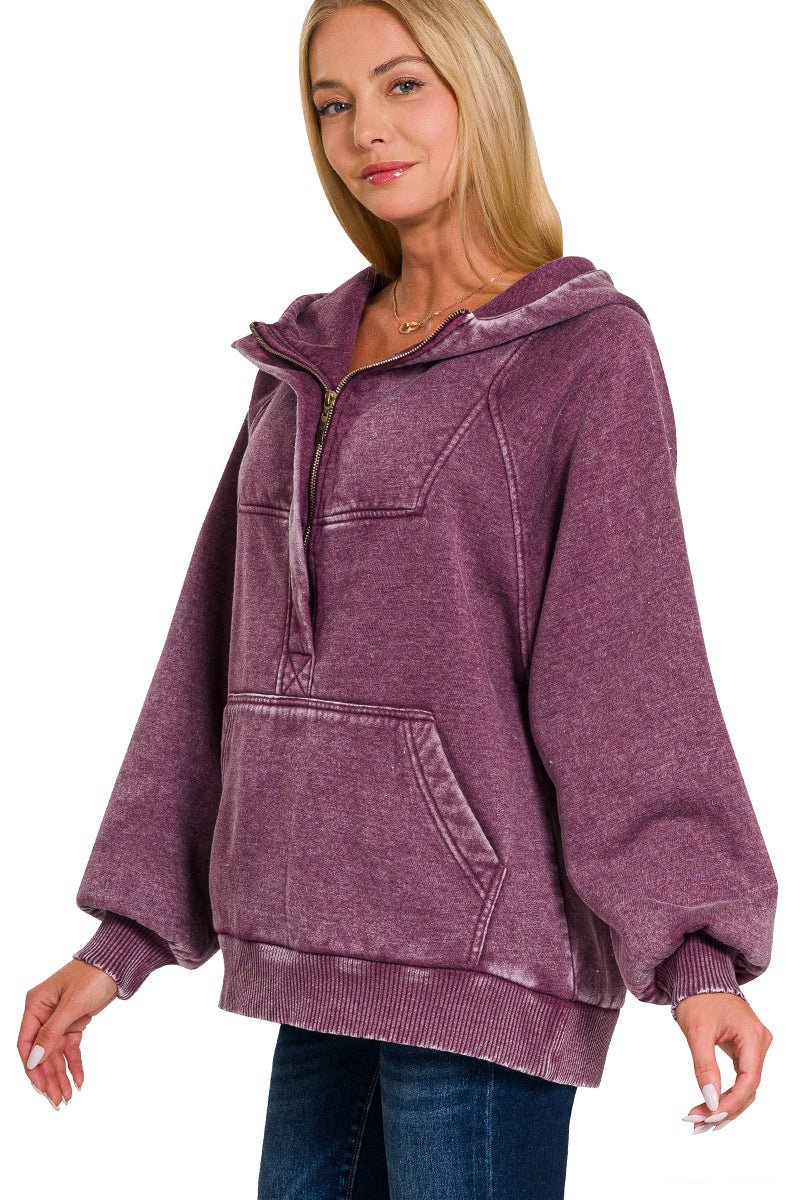 Acid Wash Quarter Zip Fleece Hoodie Pullover Sweatshirt - Eggplant - Lavender Hills BeautyZenanaOTW - 4557Y - EGGPNT - S