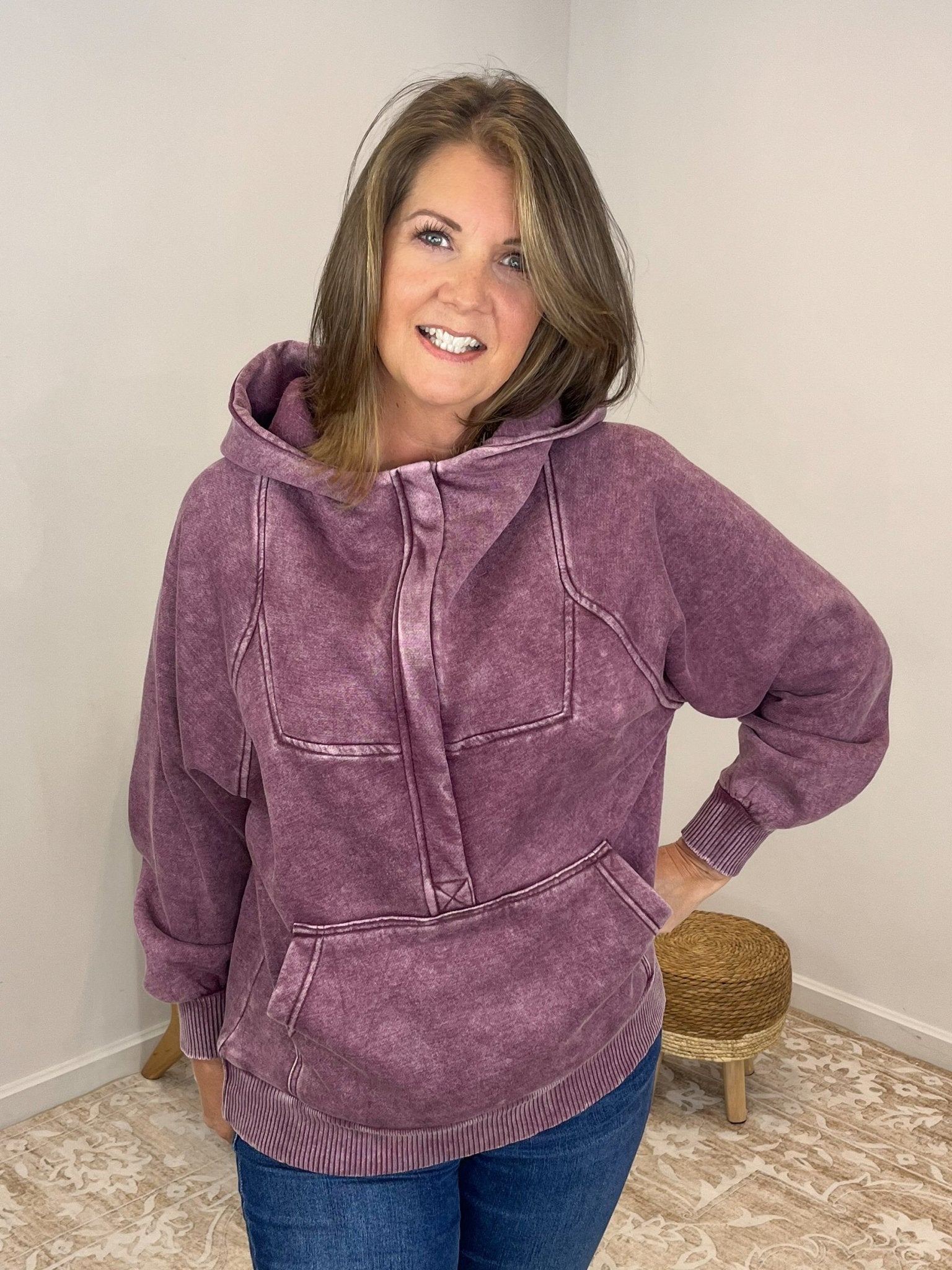Acid Wash Quarter Zip Fleece Hoodie Pullover Sweatshirt - Eggplant - Lavender Hills BeautyZenanaOTW - 4557Y - EGGPNT - S