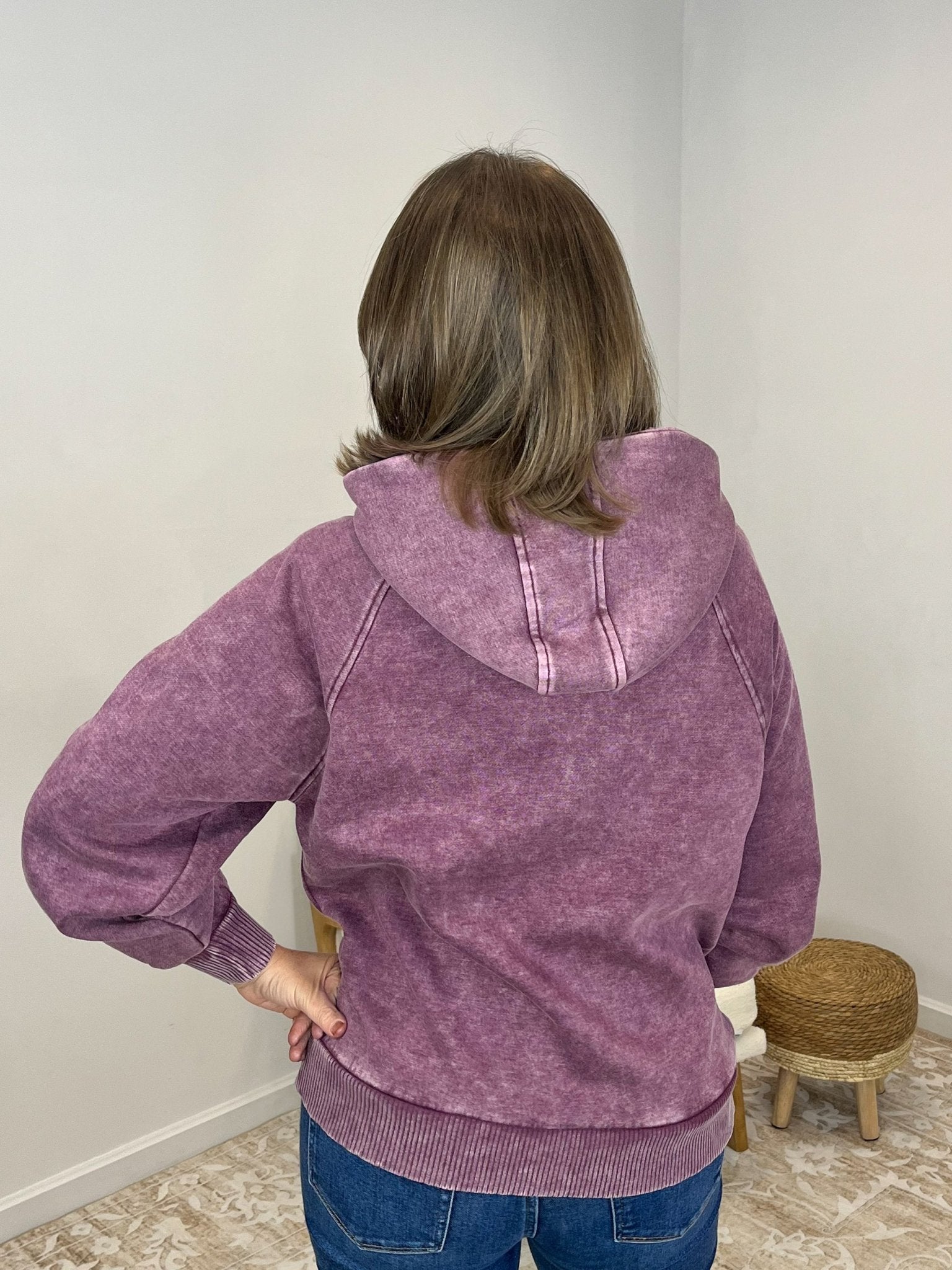 Acid Wash Quarter Zip Fleece Hoodie Pullover Sweatshirt - Eggplant - Lavender Hills BeautyZenanaOTW - 4557Y - EGGPNT - S