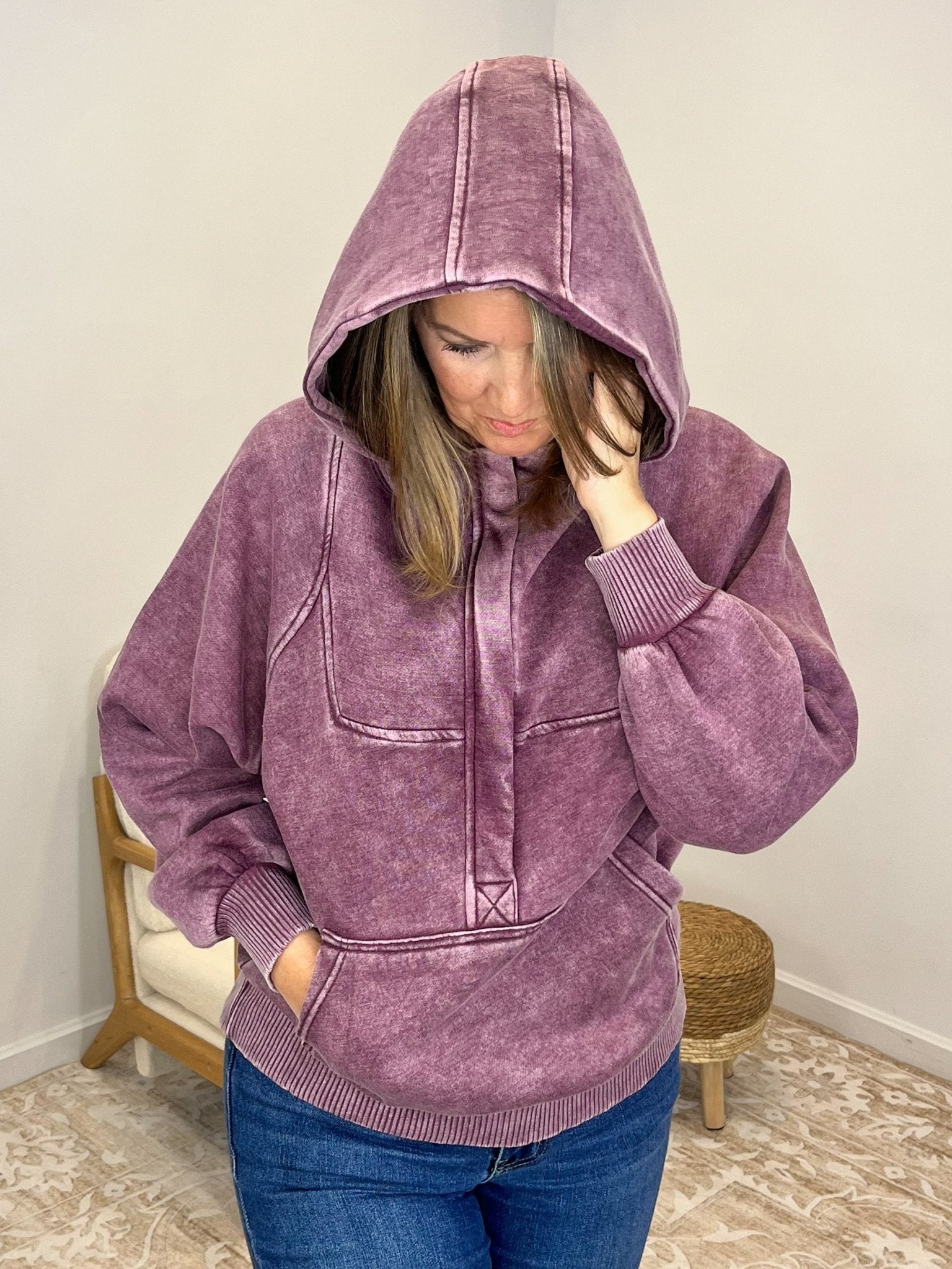 Acid Wash Quarter Zip Fleece Hoodie Pullover Sweatshirt - Eggplant - Lavender Hills BeautyZenanaOTW - 4557Y - EGGPNT - S