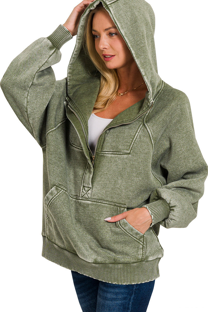 Acid Wash Quarter Zip Fleece Hoodie Pullover Sweatshirt - Olive