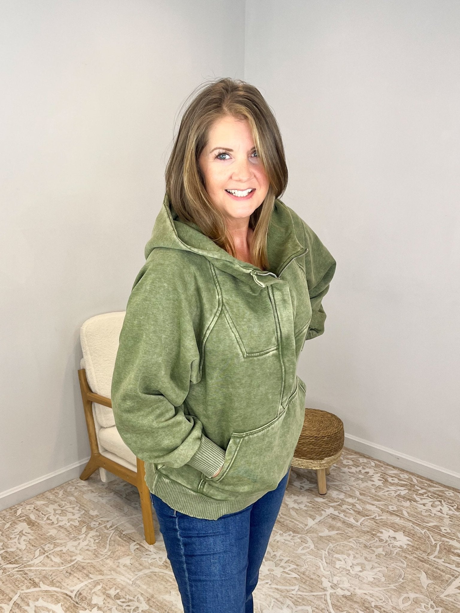Acid Wash Quarter Zip Fleece Hoodie Pullover Sweatshirt - Olive - Lavender Hills BeautyZenanaOTW - 4557Y - LOLV - S