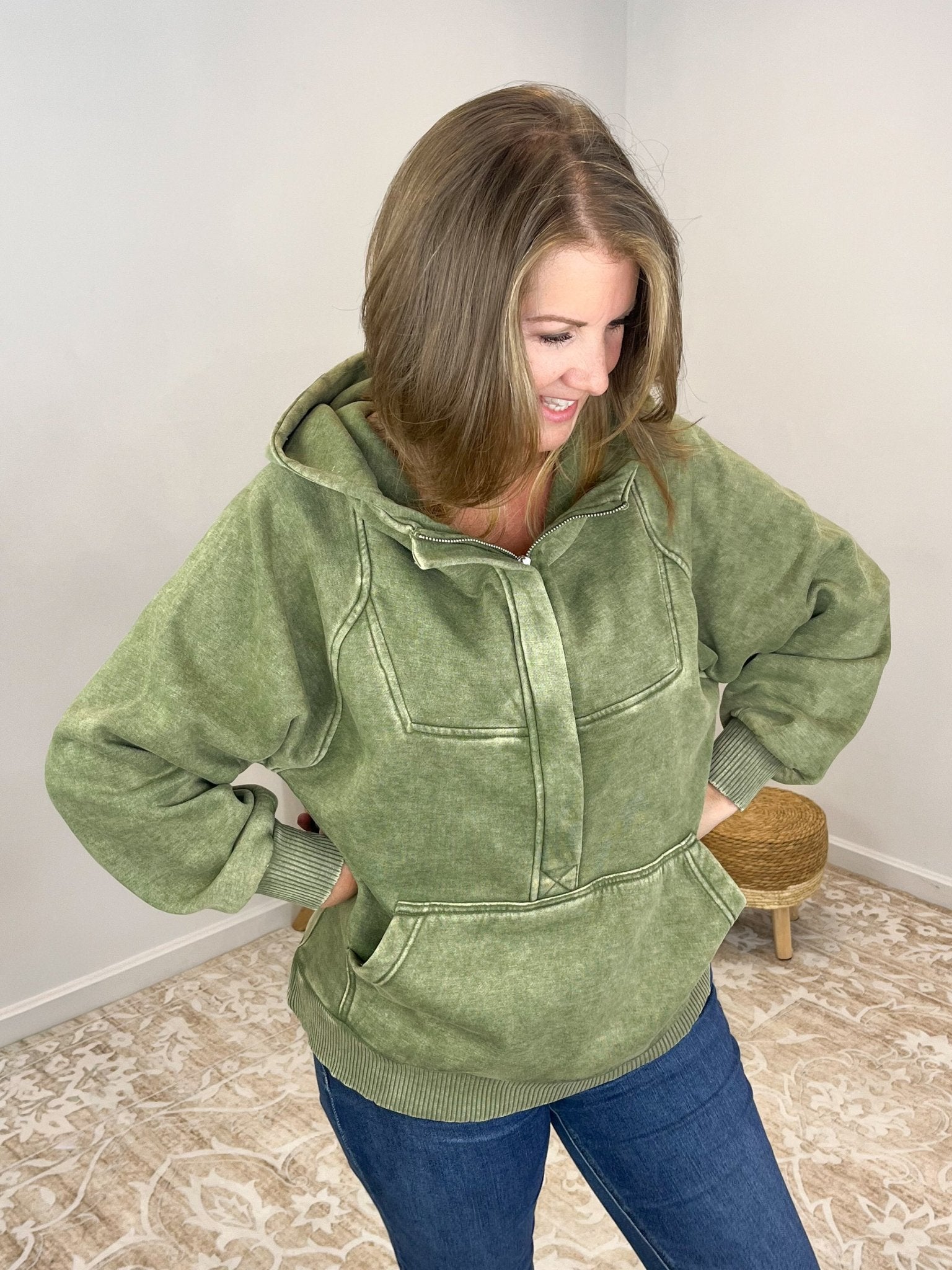 Acid Wash Quarter Zip Fleece Hoodie Pullover Sweatshirt - Olive - Lavender Hills BeautyZenanaOTW - 4557Y - LOLV - S