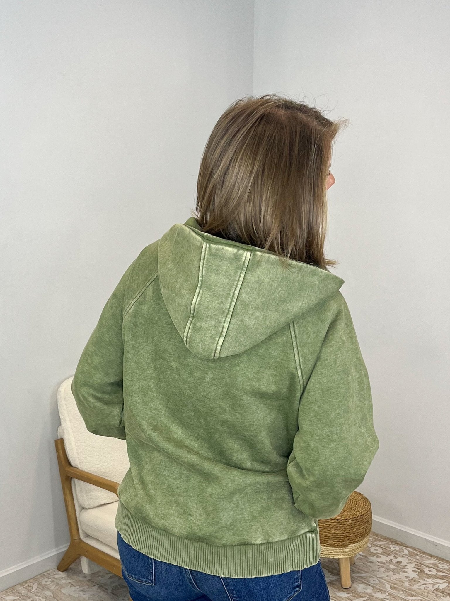 Acid Wash Quarter Zip Fleece Hoodie Pullover Sweatshirt - Olive - Lavender Hills BeautyZenanaOTW - 4557Y - LOLV - S